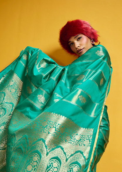 Monjolika Fashion Sea Green Color Satin Silk Handloom Weaving Saree