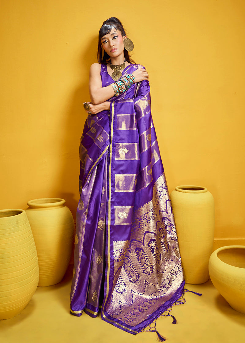 Monjolika Fashion Violet Color Satin Silk Handloom Weaving Saree