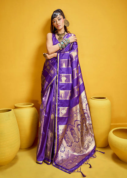 Monjolika Fashion Violet Color Satin Silk Handloom Weaving Saree