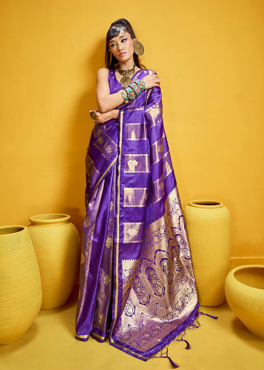 Monjolika Fashion Violet Color Satin Silk Handloom Weaving Saree