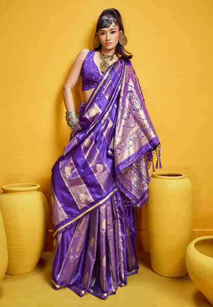 Monjolika Fashion Violet Color Satin Silk Handloom Weaving Saree