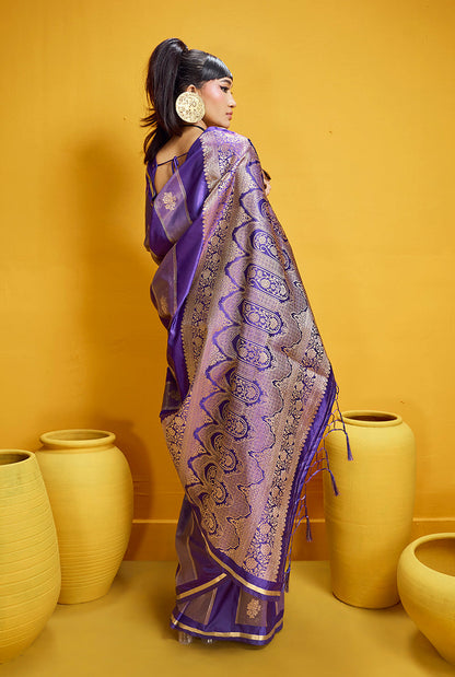 Monjolika Fashion Violet Color Satin Silk Handloom Weaving Saree