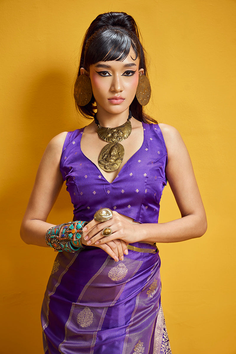 Monjolika Fashion Violet Color Satin Silk Handloom Weaving Saree