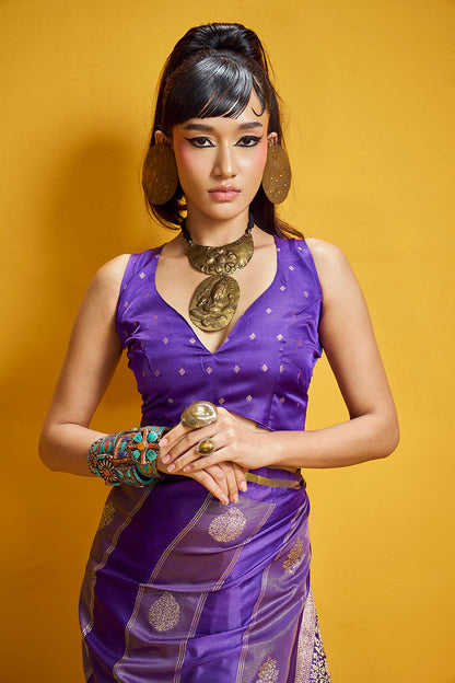 Monjolika Fashion Violet Color Satin Silk Handloom Weaving Saree