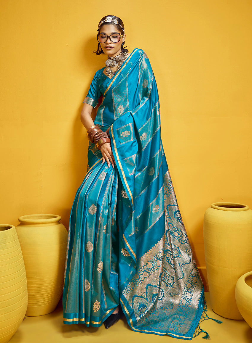 Monjolika Fashion Aqua Blue Color Satin Silk Handloom Weaving Saree