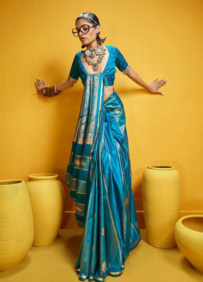Monjolika Fashion Aqua Blue Color Satin Silk Handloom Weaving Saree