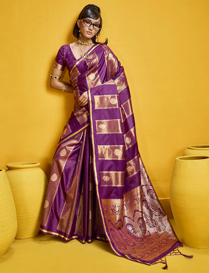 Monjolika Fashion Purple Color Satin Silk Handloom Weaving Saree