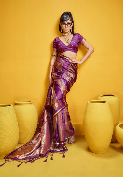 Monjolika Fashion Purple Color Satin Silk Handloom Weaving Saree