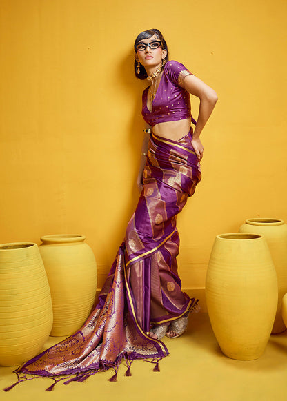 Monjolika Fashion Purple Color Satin Silk Handloom Weaving Saree