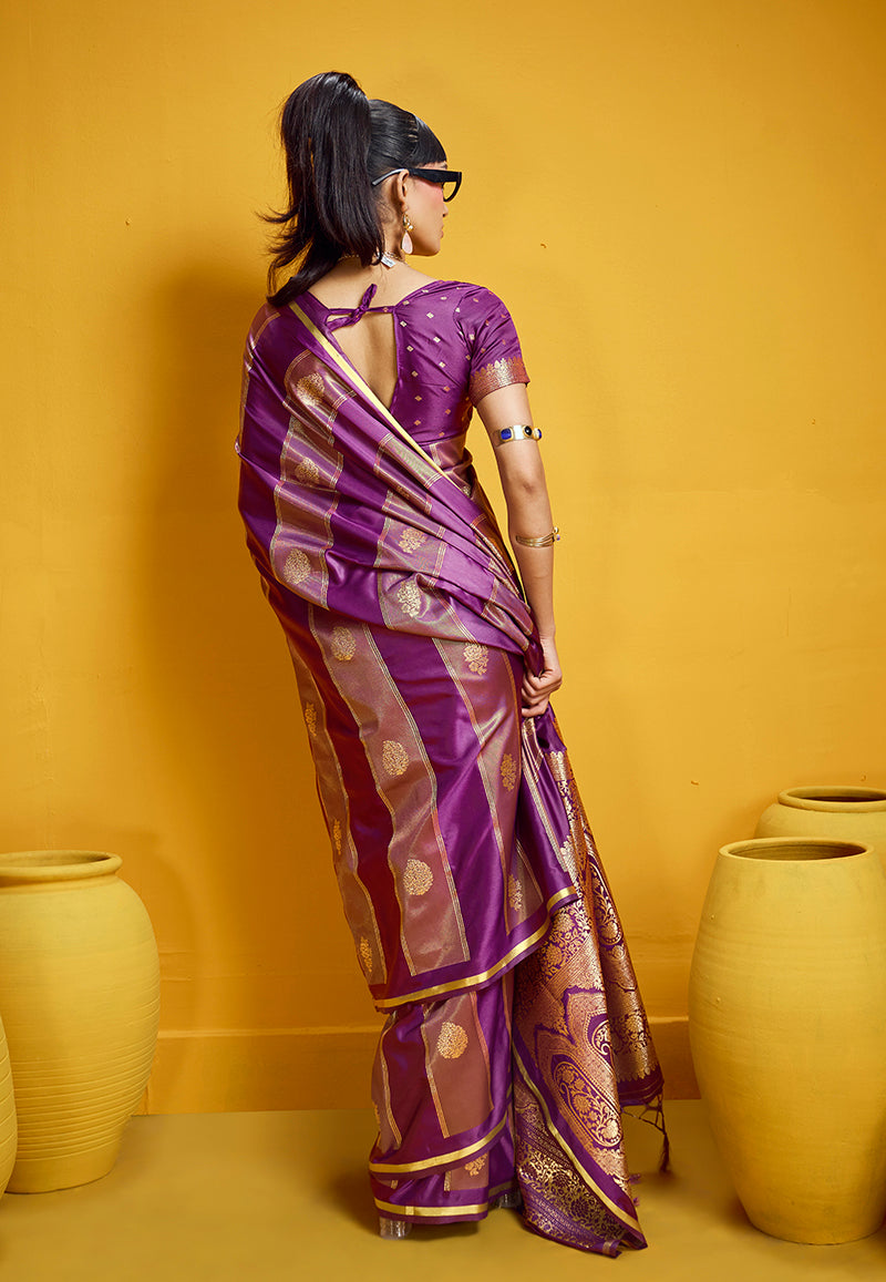Monjolika Fashion Purple Color Satin Silk Handloom Weaving Saree
