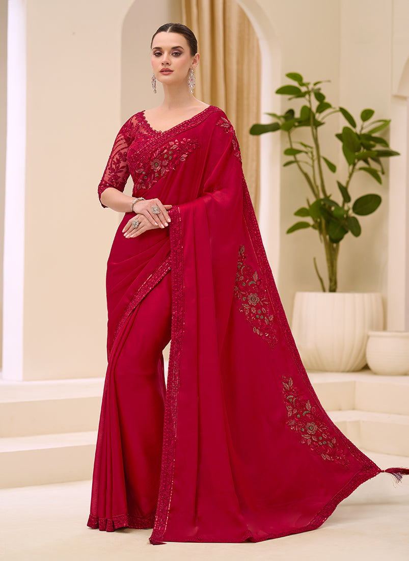 Monjolika Fashion Crimson Red faux Chiffon Satin Saree with Patch Border and Embroidered Work