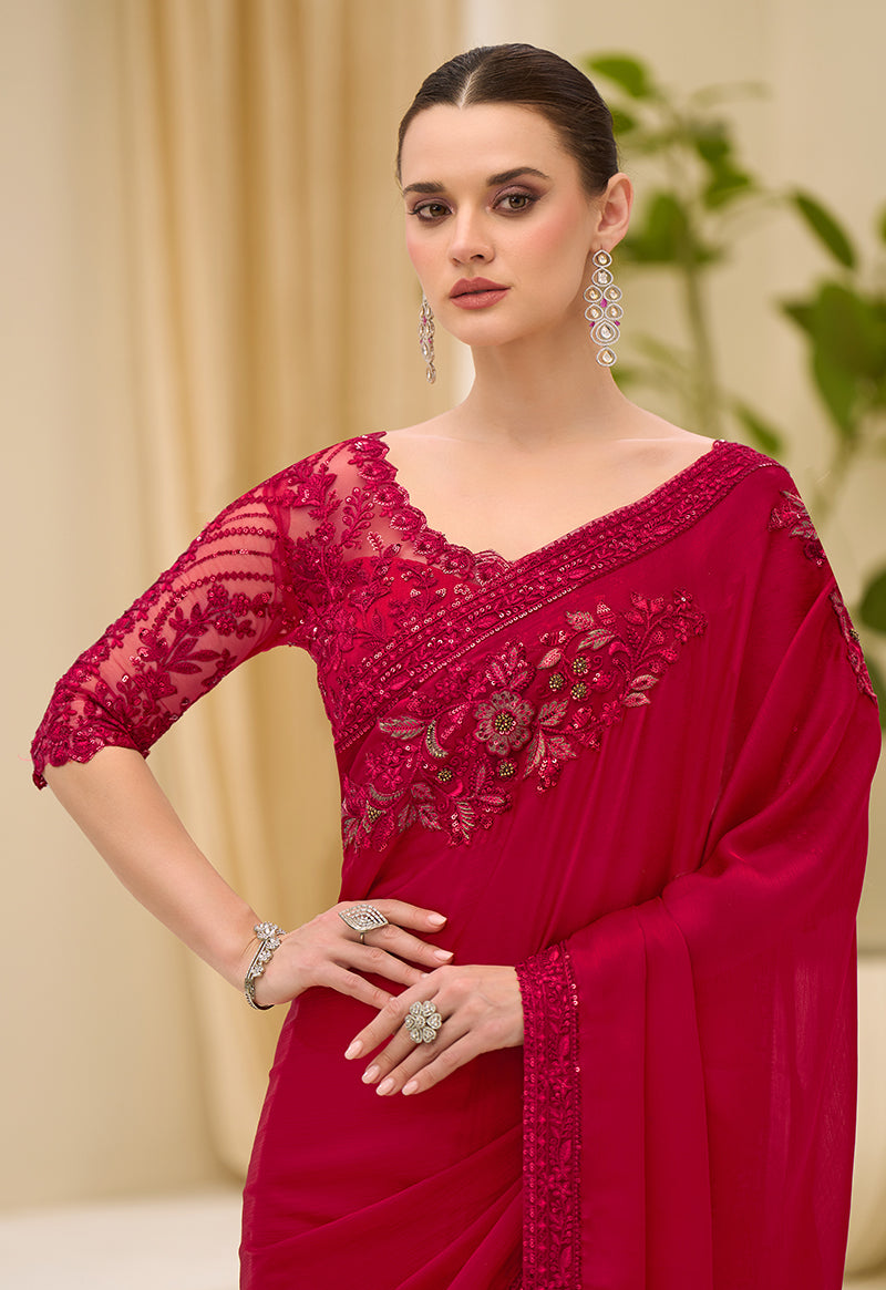 Monjolika Fashion Crimson Red faux Chiffon Satin Saree with Patch Border and Embroidered Work