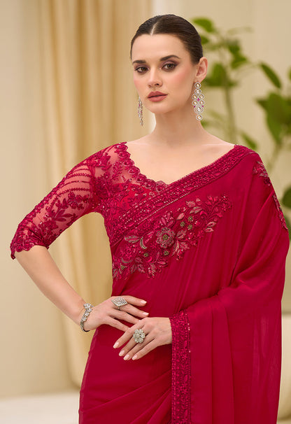 Monjolika Fashion Crimson Red faux Chiffon Satin Saree with Patch Border and Embroidered Work