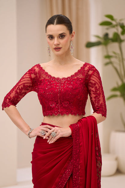 Monjolika Fashion Crimson Red faux Chiffon Satin Saree with Patch Border and Embroidered Work
