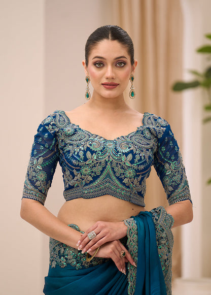 Monjolika Fashion Teal Faux Chiffon Satin Patch Border and Embroidered Work Saree