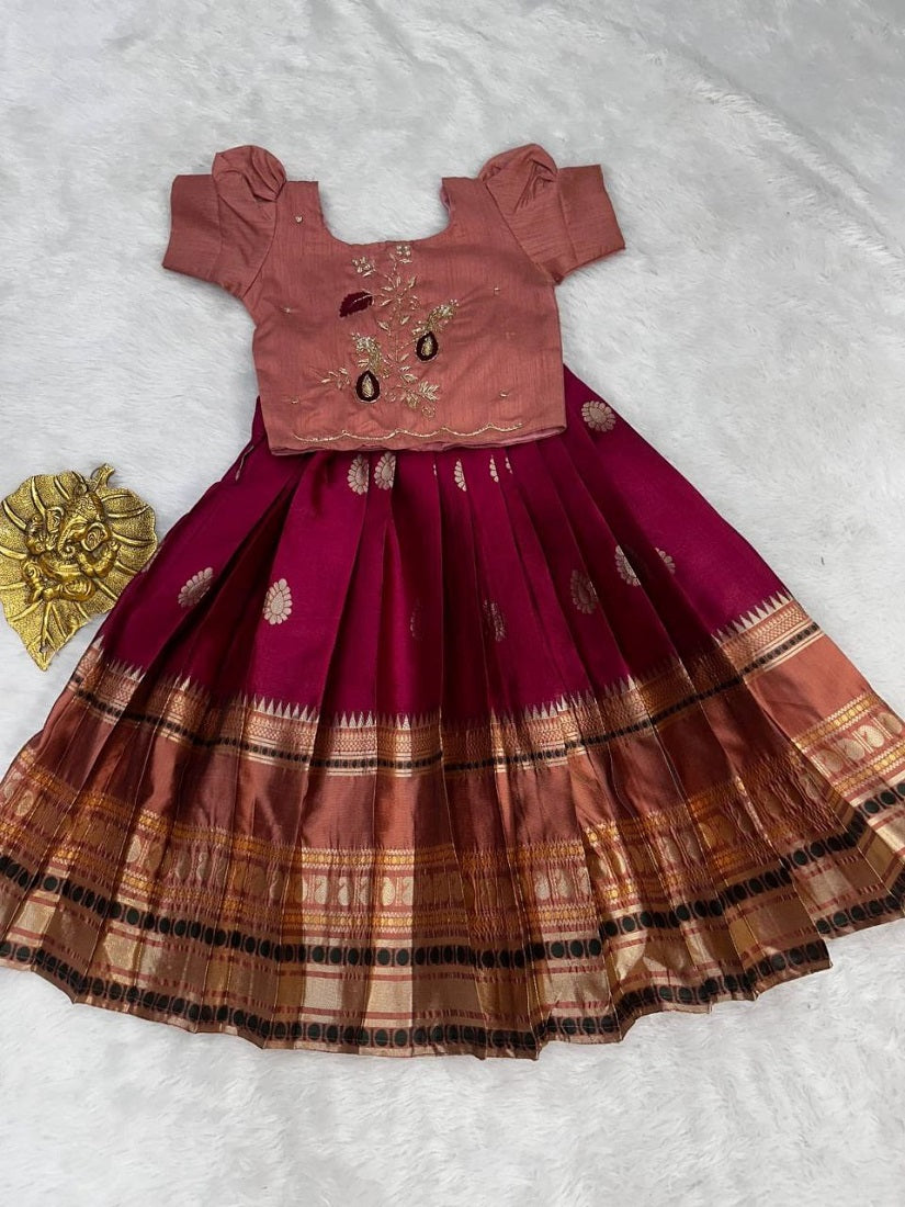 Evanik Peach Kids Silk Zari Weaving Work Lehenga Choli