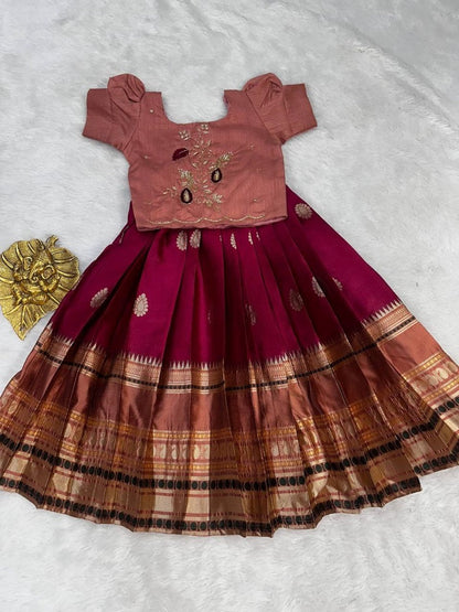 Evanik Peach Kids Silk Zari Weaving Work Lehenga Choli