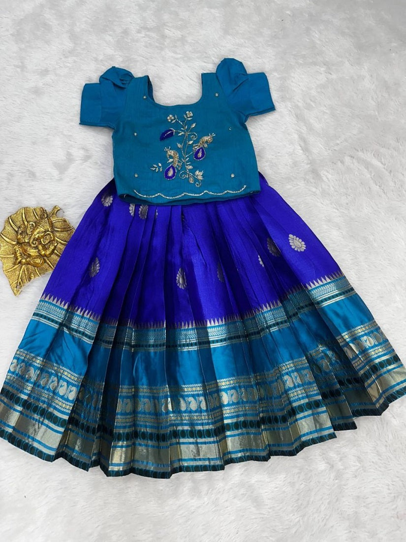 Evanik Blue Kids Silk Zari Weaving Work Lehenga Choli