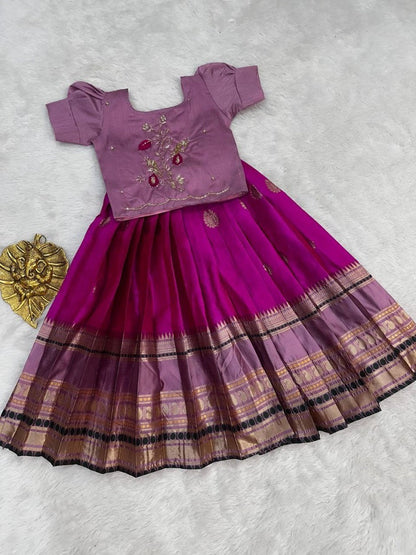 Evanik Purple Kids Silk Zari Weaving Work Lehenga Choli