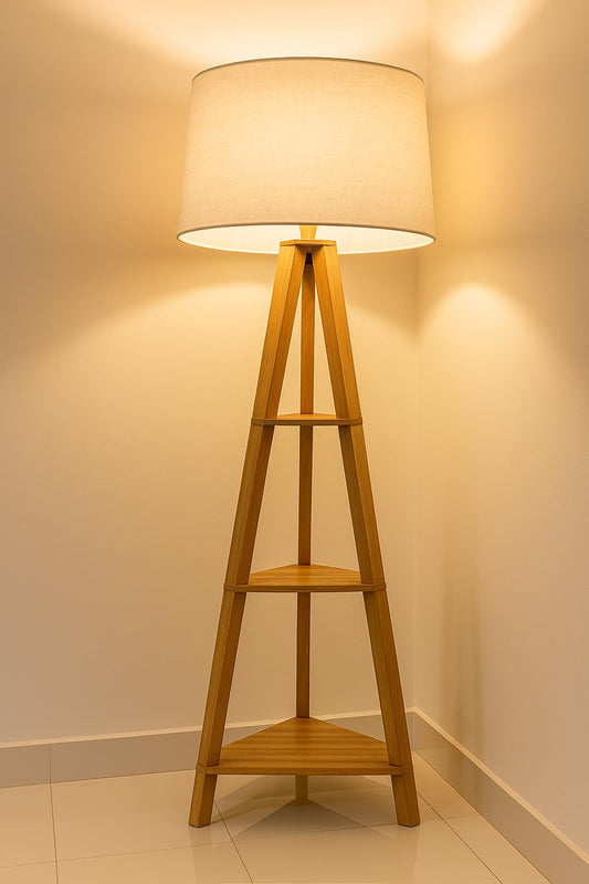 Floor Lamp with Wooden Tripod Design, Natural Wood Color, 140 cm Height, Fabric Shade