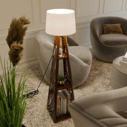 LED Floor Lamp with Shelves - Brown Wood - Modern Design - 3 Shelves - 150 cm