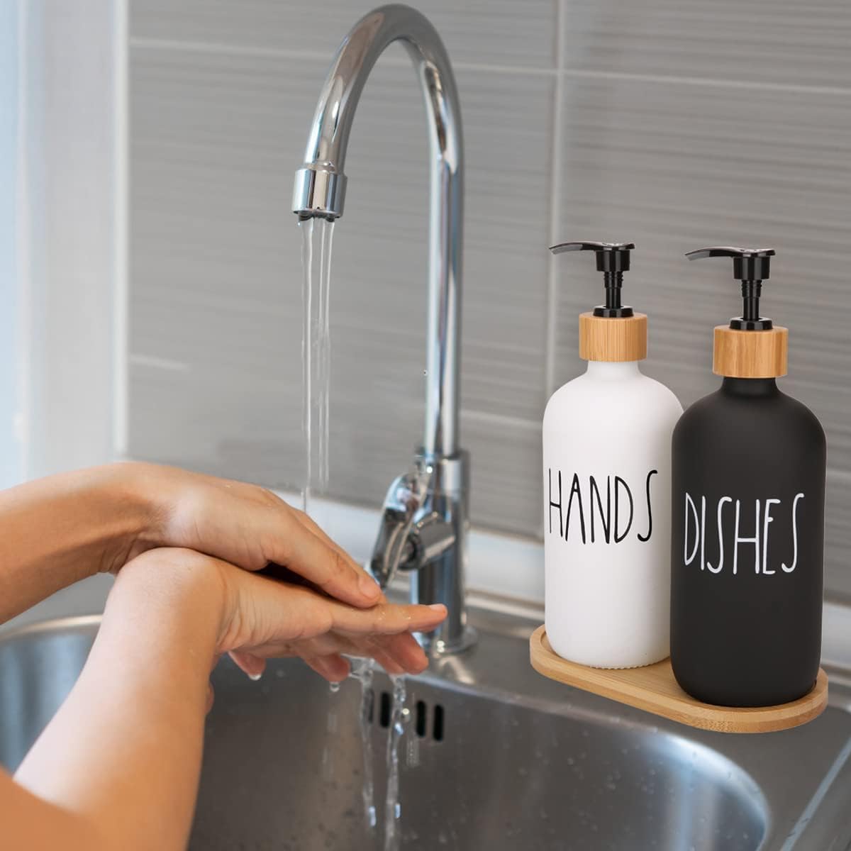 Soap Dispenser Set with Bamboo Tray - Glass, 17 Ounces - Hand Wash & Dish Wash Dispenser