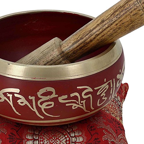 Singing Bowl Set - Hand-Painted Brass Bowl with Wooden Stick & Cushion - 10.2cm Red