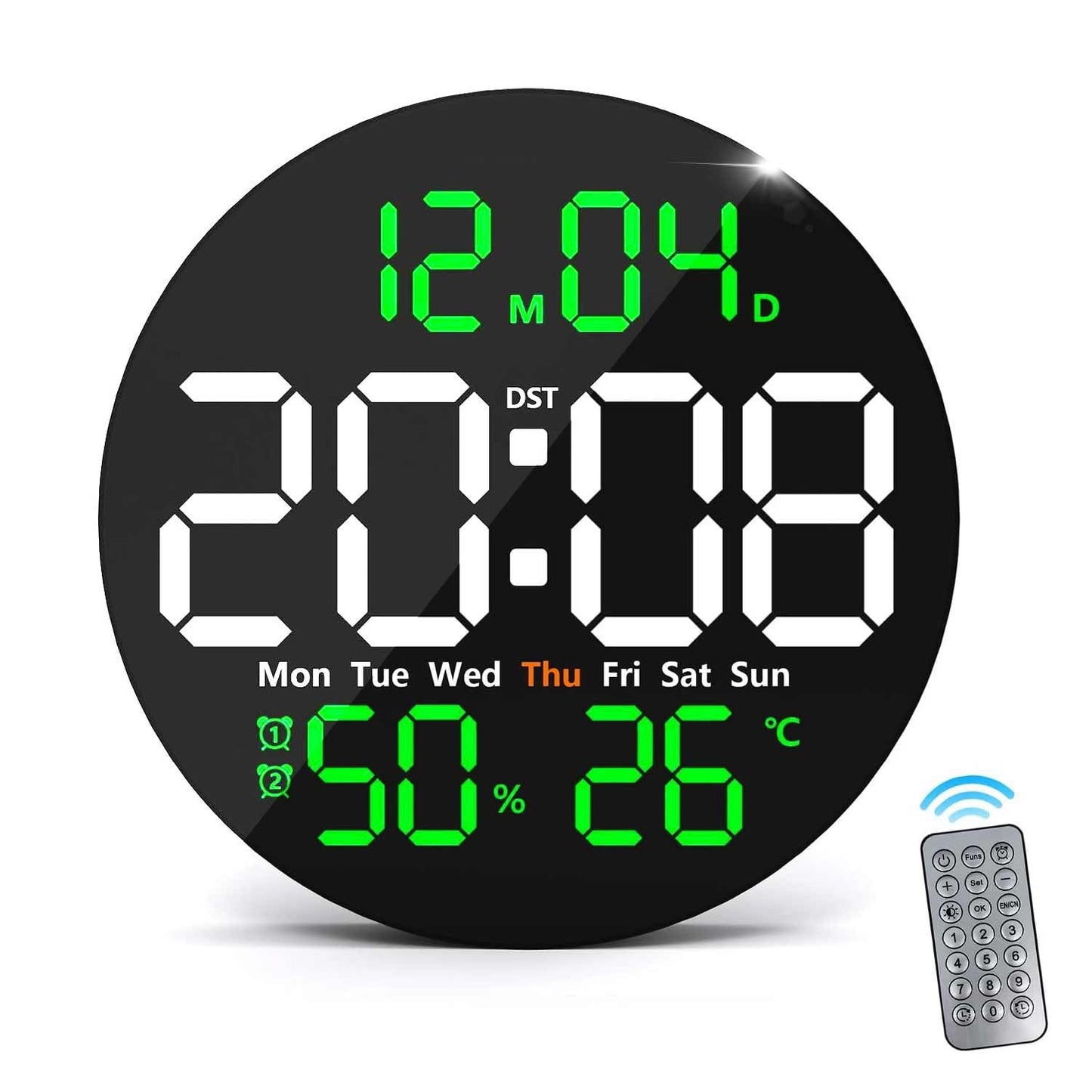 10-Inch Digital Wall Clock with Remote Control, LED Display, Temperature, Humidity, Dual Alarms