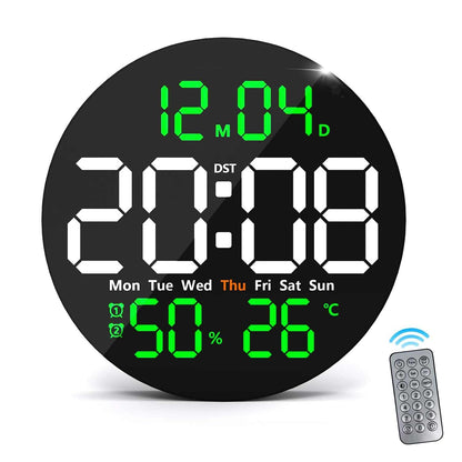 10-Inch Digital Wall Clock with Remote Control, LED Display, Temperature, Humidity, Dual Alarms