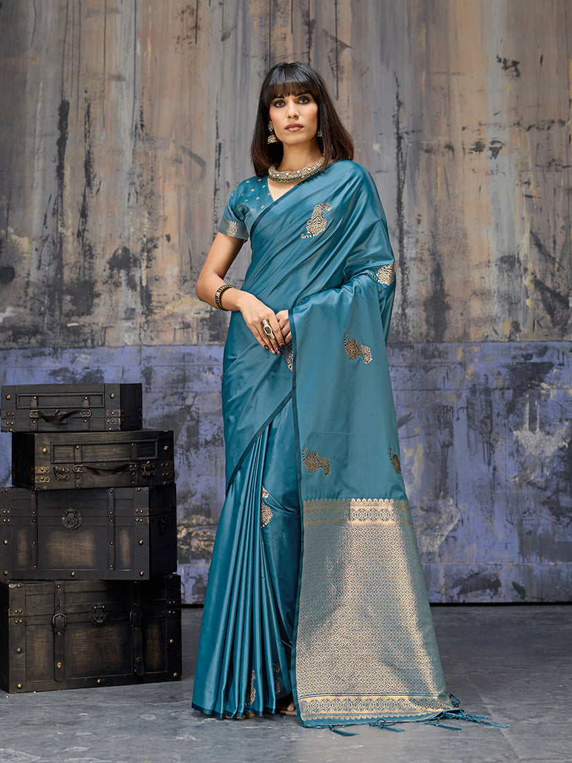 Monjolika Fashion Teal Blue Satin Weaving Silk Blend Saree With Elegant Golden Pallu