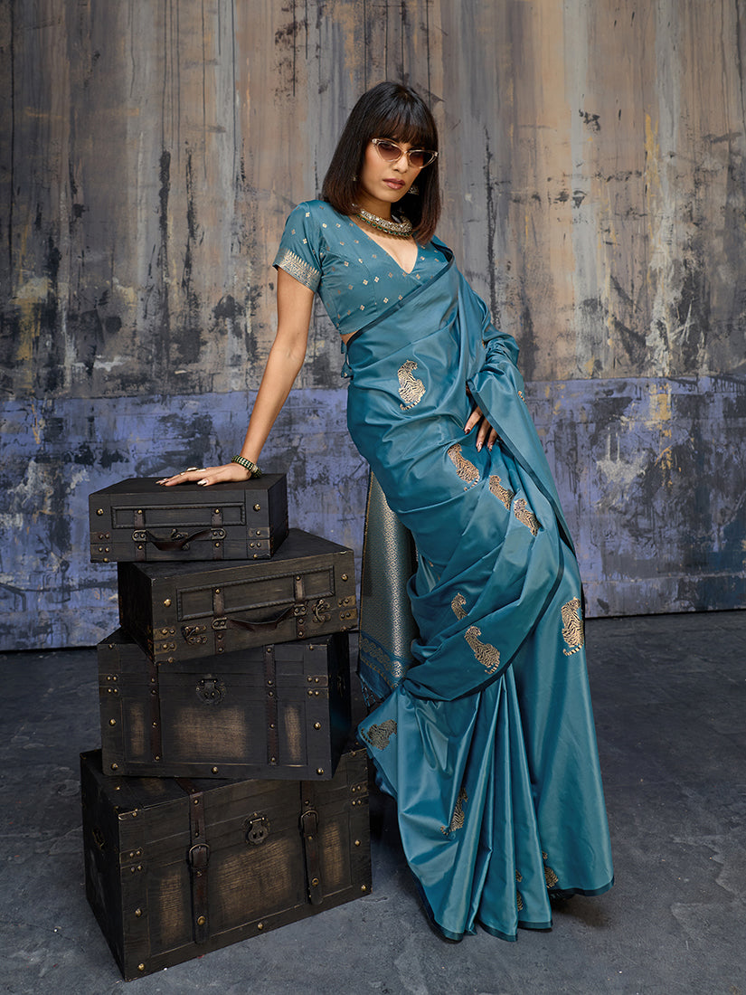 Monjolika Fashion Teal Blue Satin Weaving Silk Blend Saree With Elegant Golden Pallu