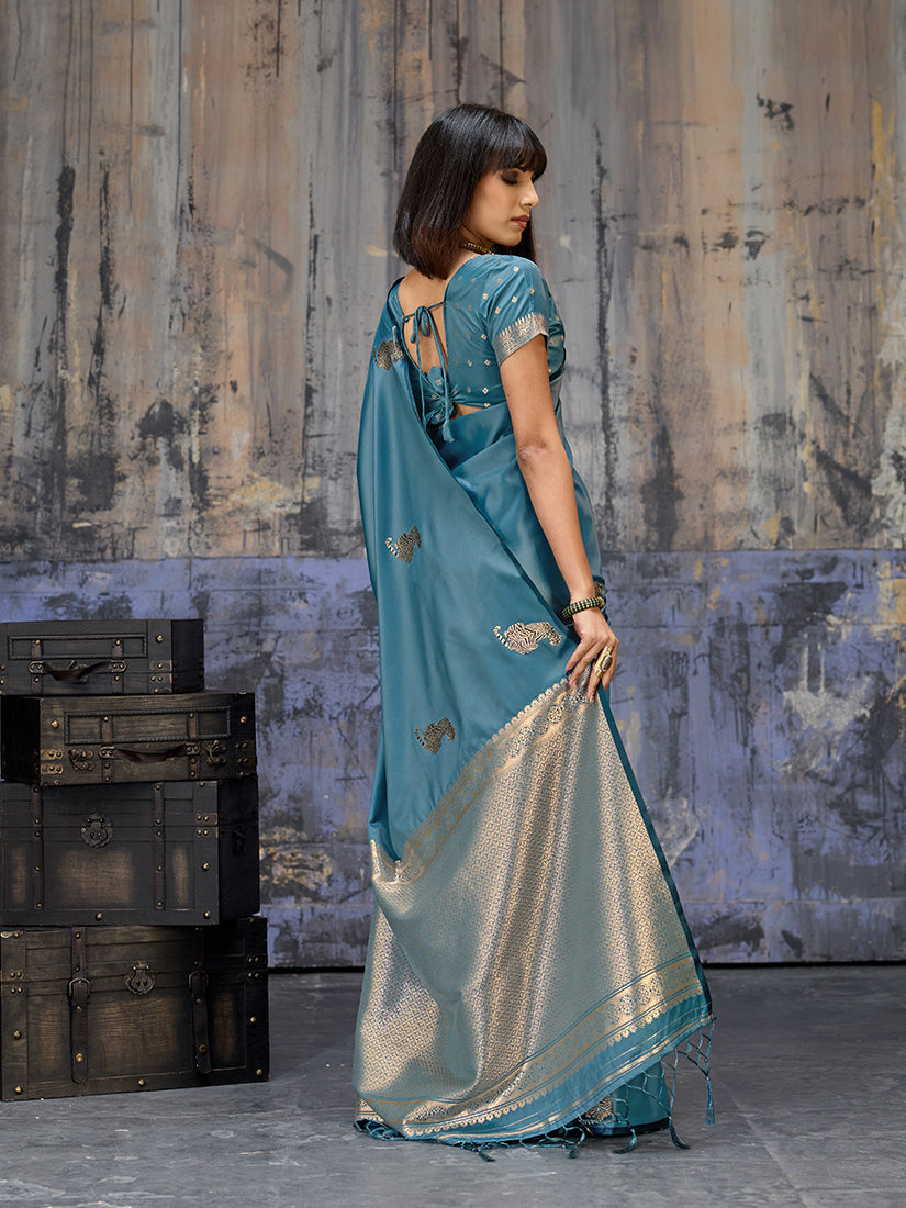 Monjolika Fashion Teal Blue Satin Weaving Silk Blend Saree With Elegant Golden Pallu