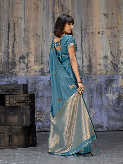 Monjolika Fashion Teal Blue Satin Weaving Silk Blend Saree With Elegant Golden Pallu