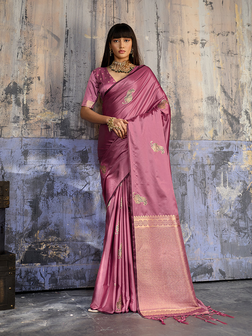 Monjolika Fashion Pink Satin Weaving Silk Blend Saree With Elegant Golden Pallu