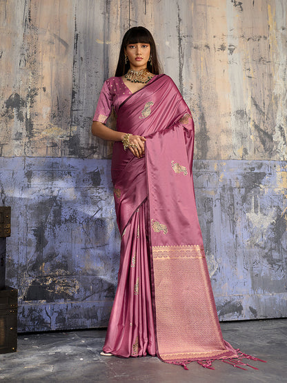 Monjolika Fashion Pink Satin Weaving Silk Blend Saree With Elegant Golden Pallu