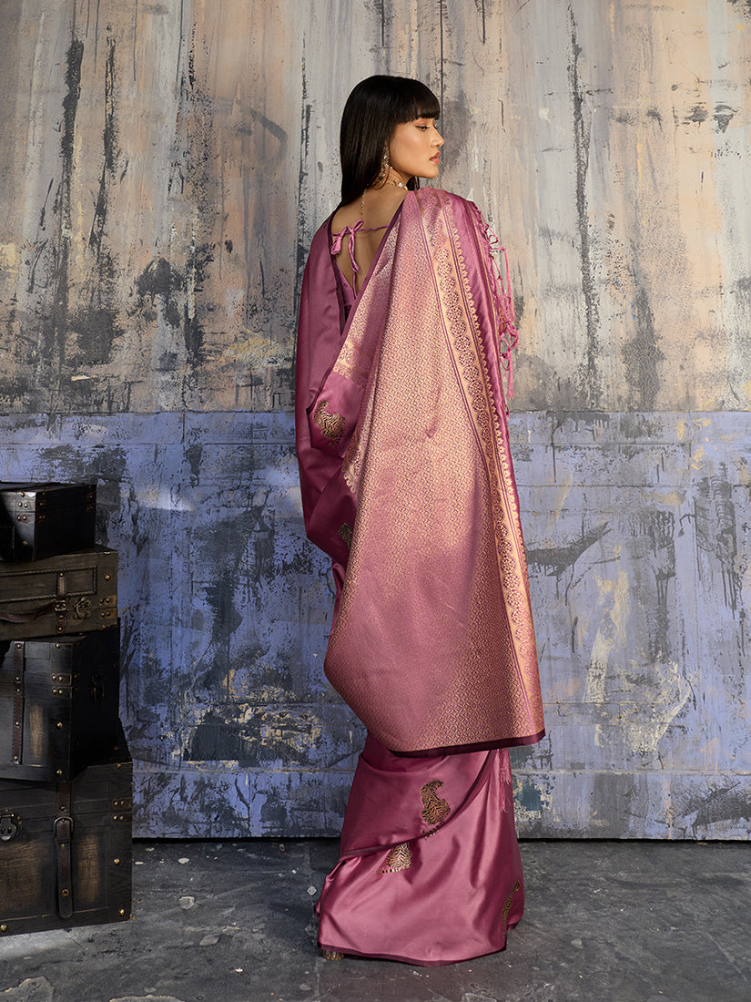 Monjolika Fashion Pink Satin Weaving Silk Blend Saree With Elegant Golden Pallu