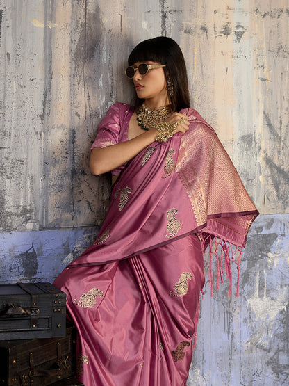 Monjolika Fashion Pink Satin Weaving Silk Blend Saree With Elegant Golden Pallu