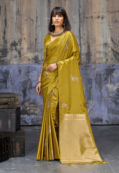 Monjolika Fashion Mustard Satin Weaving Silk Blend Saree With Elegant Golden Pallu