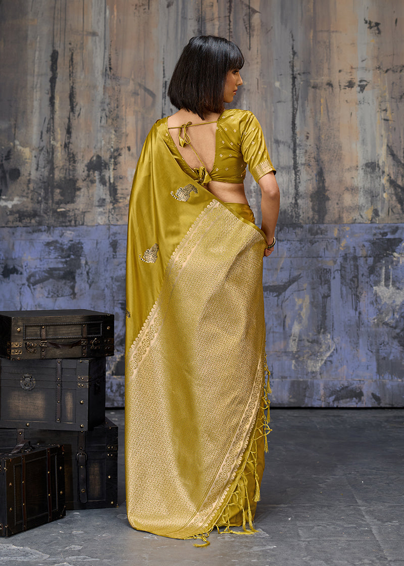 Monjolika Fashion Mustard Satin Weaving Silk Blend Saree With Elegant Golden Pallu