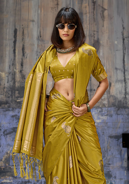 Monjolika Fashion Mustard Satin Weaving Silk Blend Saree With Elegant Golden Pallu
