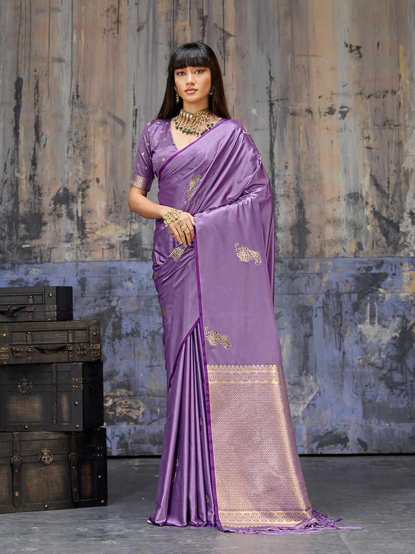 Monjolika Fashion Lavender Satin Weaving Silk Blend Saree With Elegant Golden Pallu
