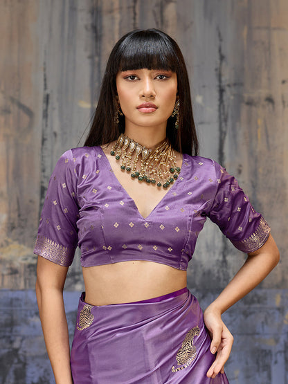 Monjolika Fashion Lavender Satin Weaving Silk Blend Saree With Elegant Golden Pallu