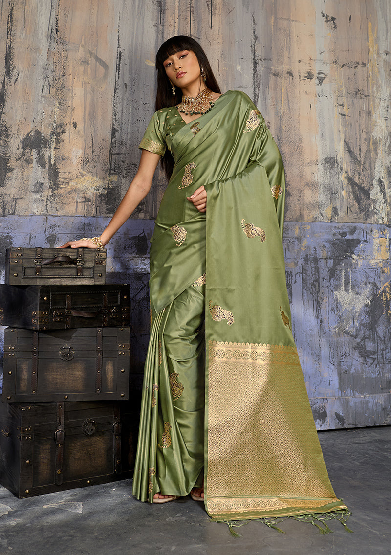 Monjolika Fashion Olive Green Satin Weaving Silk Blend Saree With Elegant Golden Pallu