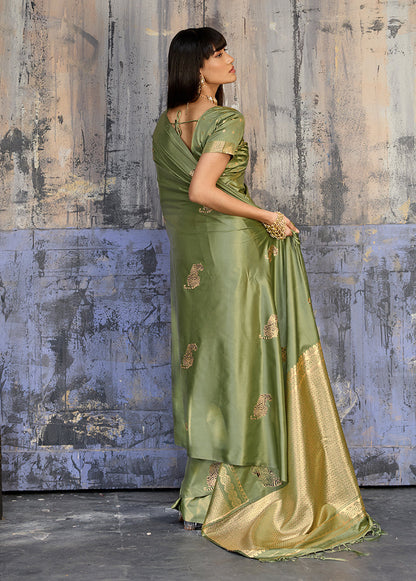 Monjolika Fashion Olive Green Satin Weaving Silk Blend Saree With Elegant Golden Pallu