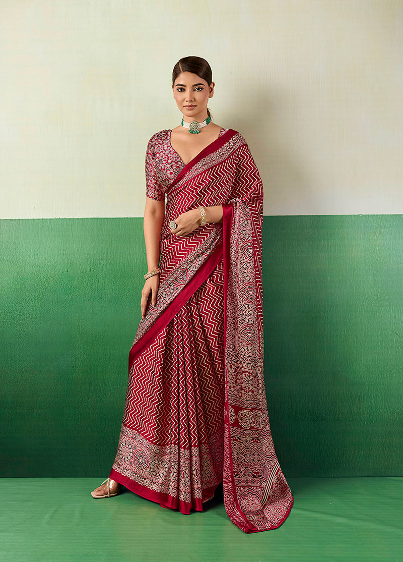 Monjolika Fashion Ajrakh Maroon Faux Satin Printed Saree