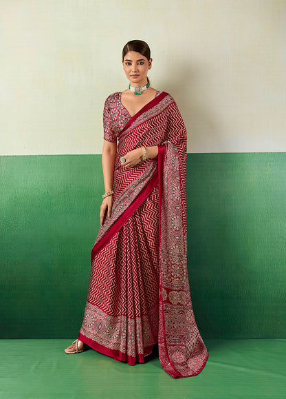 Monjolika Fashion Ajrakh Maroon Faux Satin Printed Saree
