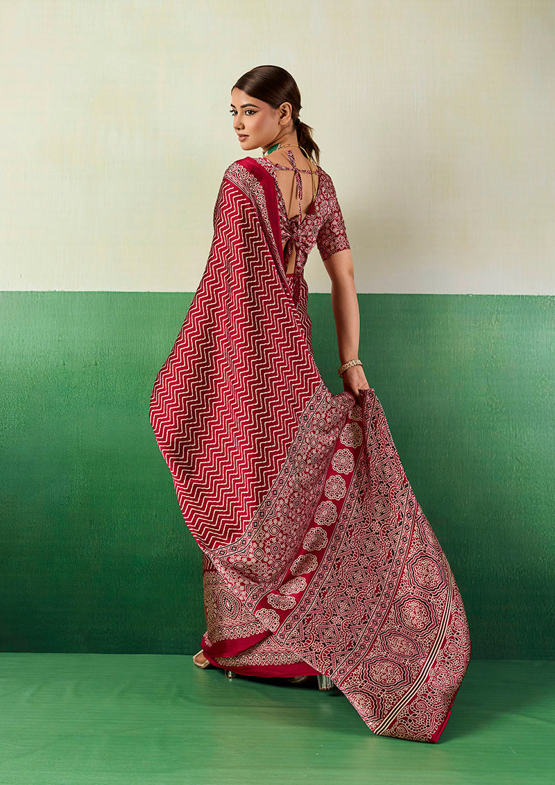 Monjolika Fashion Ajrakh Maroon Faux Satin Printed Saree