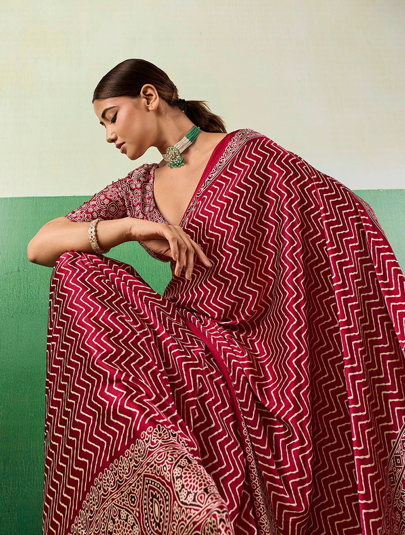 Monjolika Fashion Ajrakh Maroon Faux Satin Printed Saree