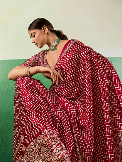Monjolika Fashion Ajrakh Maroon Faux Satin Printed Saree
