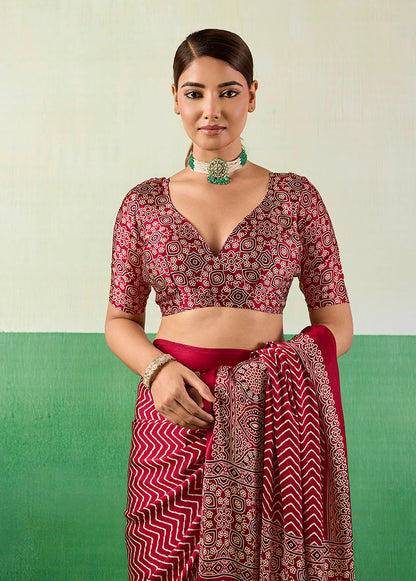 Monjolika Fashion Ajrakh Maroon Faux Satin Printed Saree
